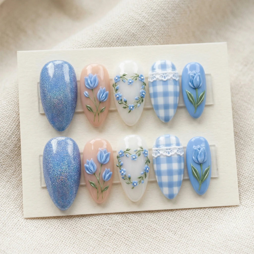 blue tulip floral gingham almond medium press on nails mockup 01