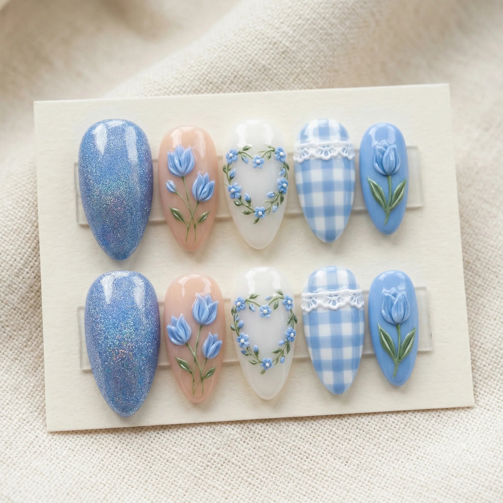 blue tulip floral gingham almond medium press on nails mockup 01