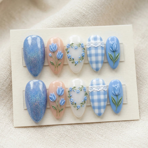 blue tulip floral gingham almond medium press on nails mockup 01