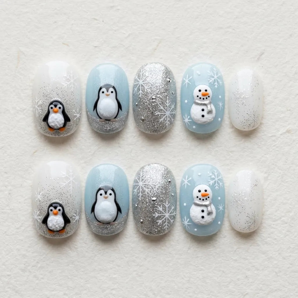 blue white 3d oval short press on nails penguin snowman glitter flat lay 01