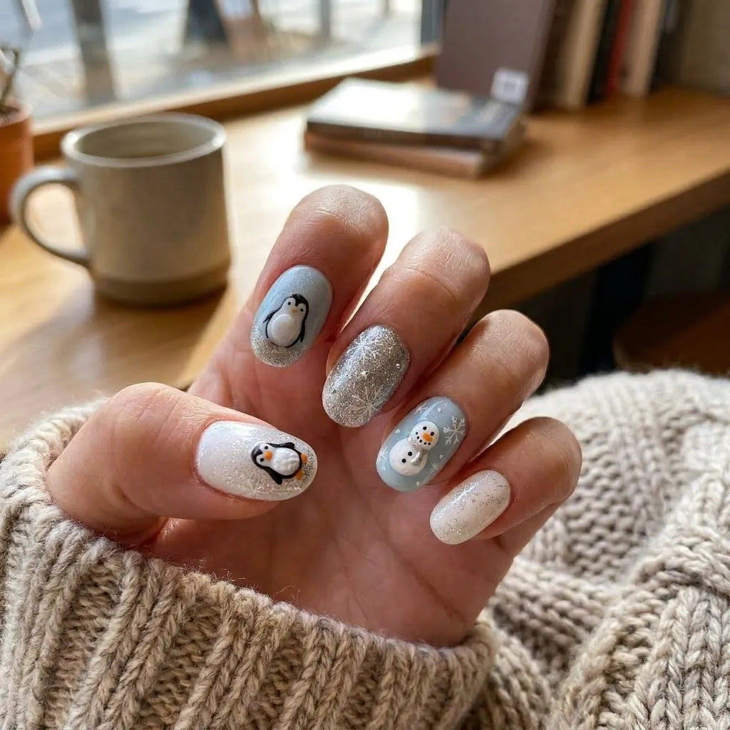 blue white 3d oval short press on nails penguin snowman glitter lifestyle 01
