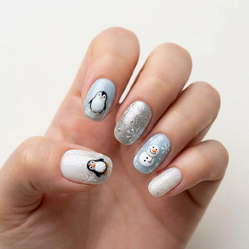 blue white 3d oval short press on nails penguin snowman glitter mockup 01