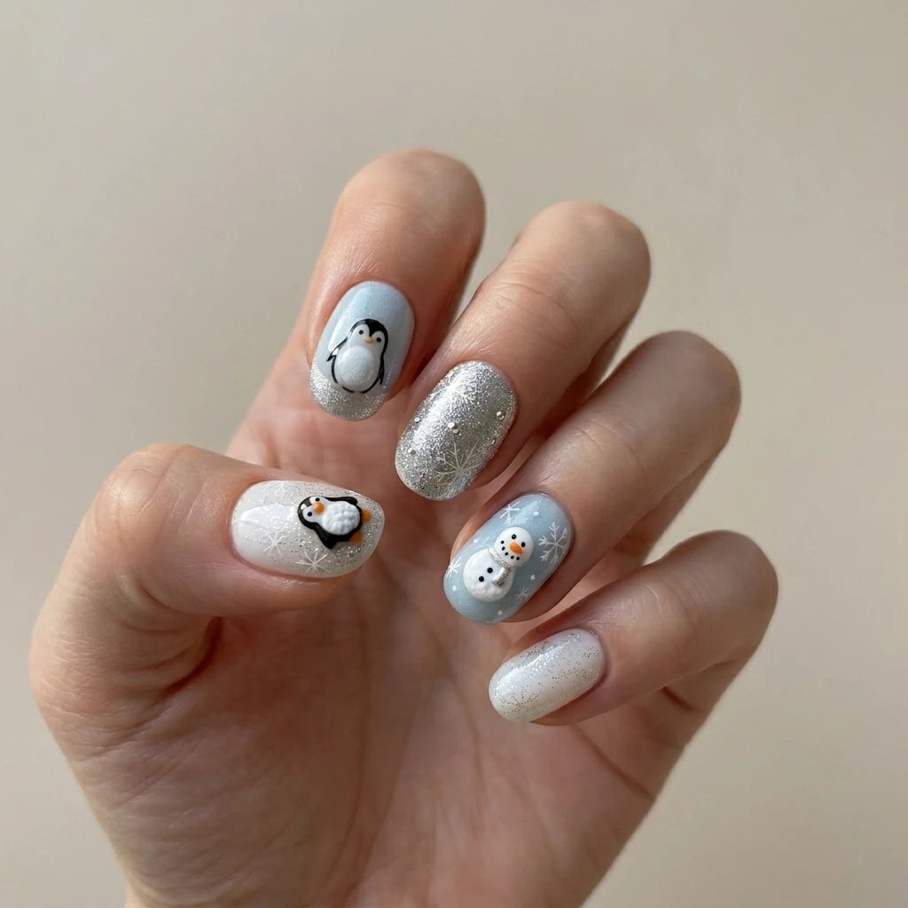 blue white 3d oval short press on nails penguin snowman glitter mockup 02