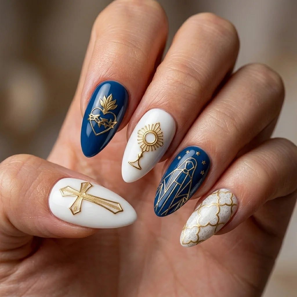 blue white gold 3d easter almond press on nails cross heart detail 01