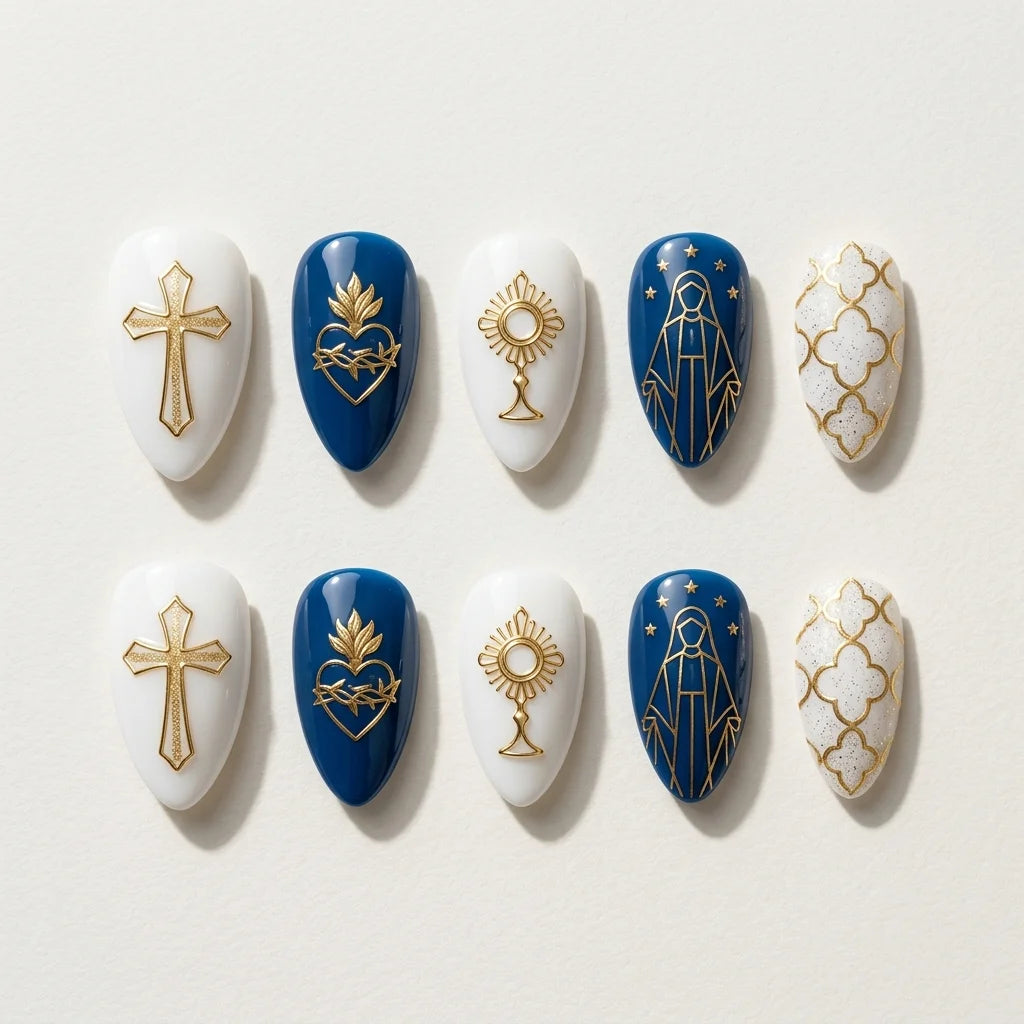 blue white gold 3d easter almond press on nails cross heart lifestyle 01