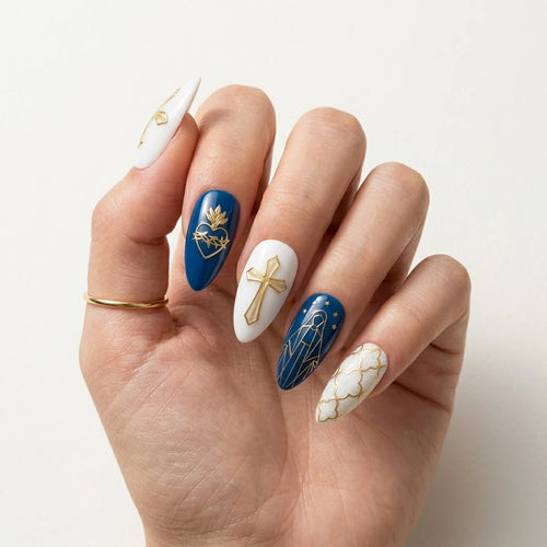 blue white gold 3d easter almond press on nails cross heart mockup 01