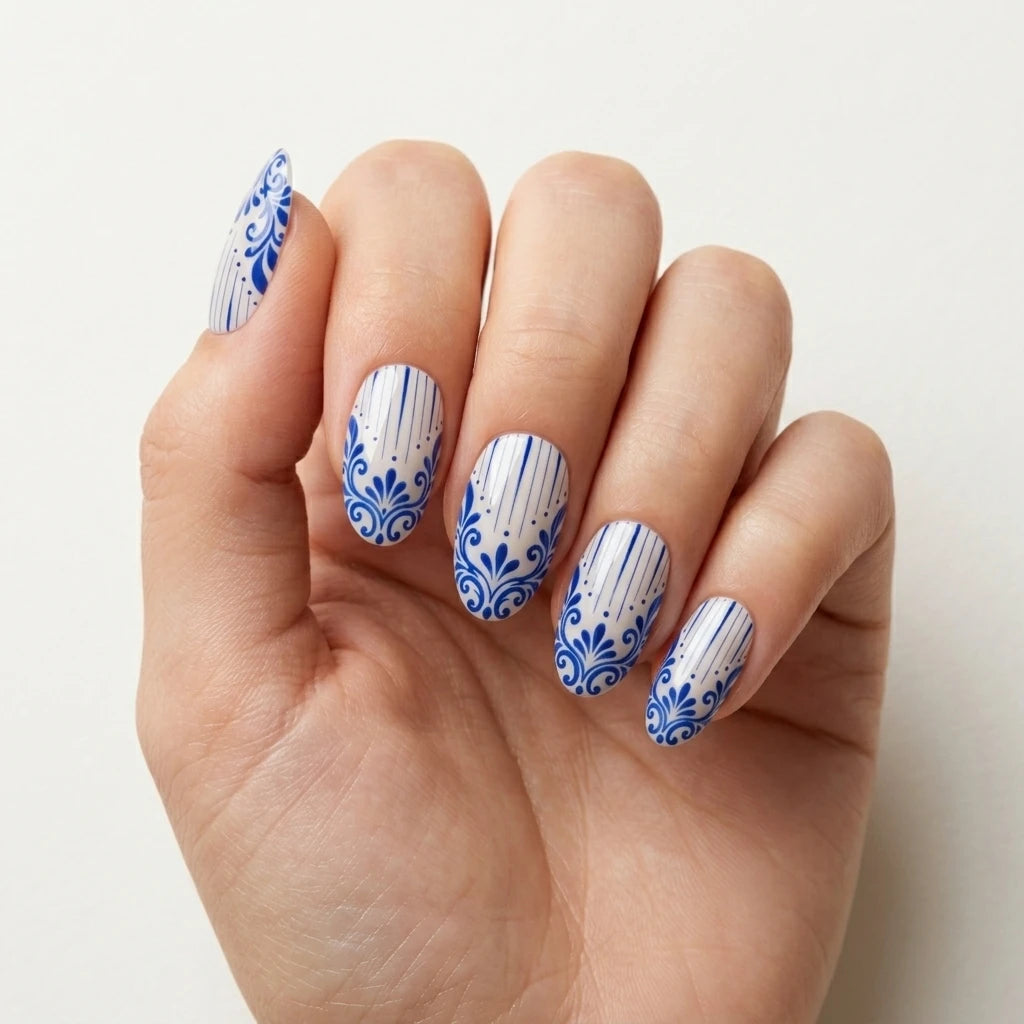 blue white hand painted almond press on nails baroque stripe flat lay 04