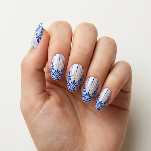blue white hand painted almond press on nails baroque stripe flat lay 04