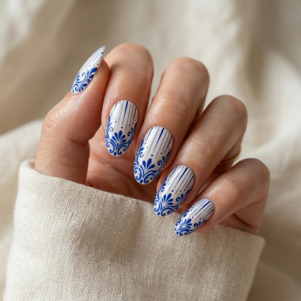 blue white hand painted almond press on nails baroque stripe lifestyle 02