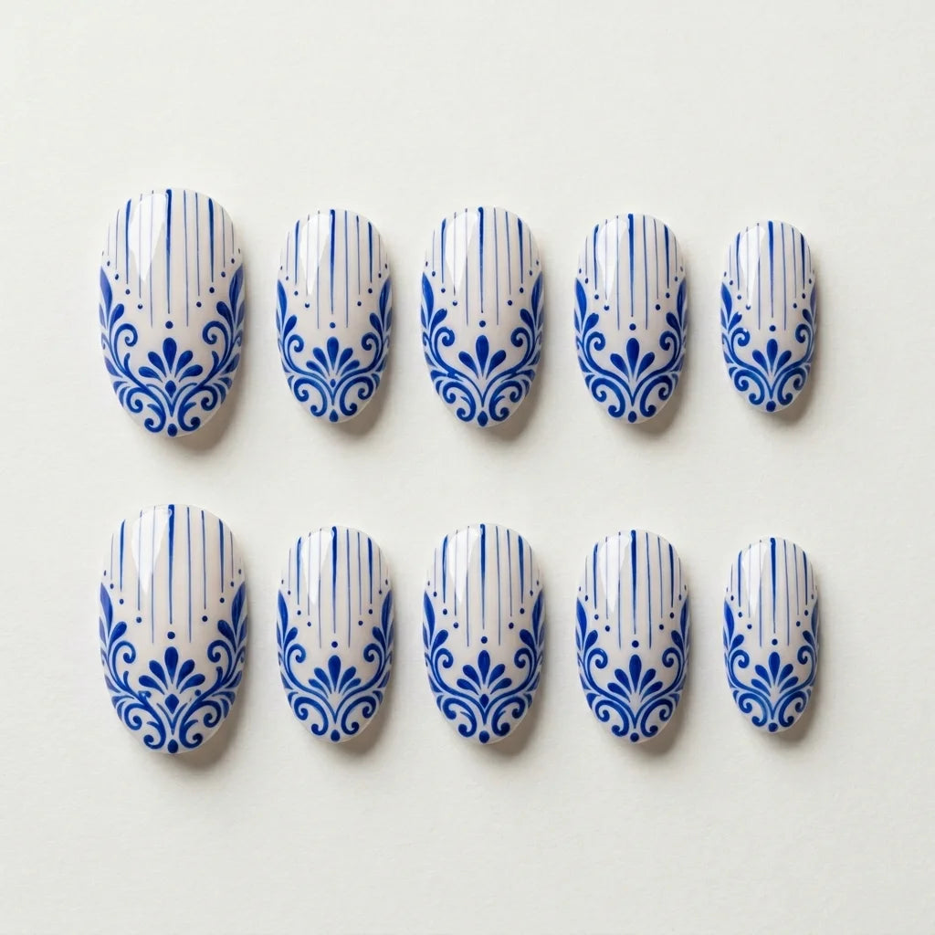 blue white hand painted almond press on nails baroque stripe lifestyle 03
