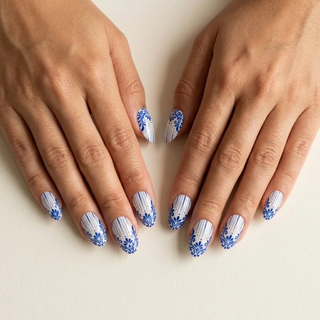 blue white hand painted almond press on nails baroque stripe mockup 01