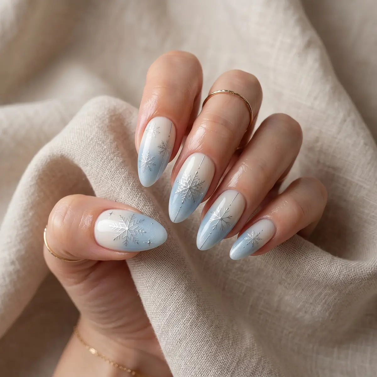 blue white ombre almond press on nails silver snowflake detail 03