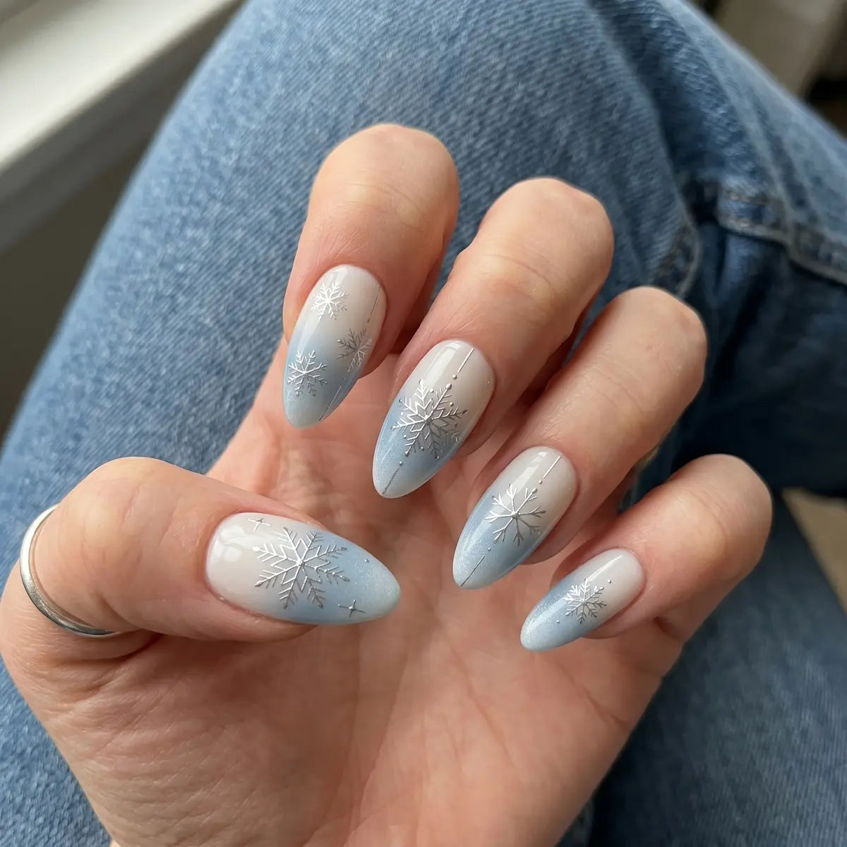 blue white ombre almond press on nails silver snowflake mockup 01