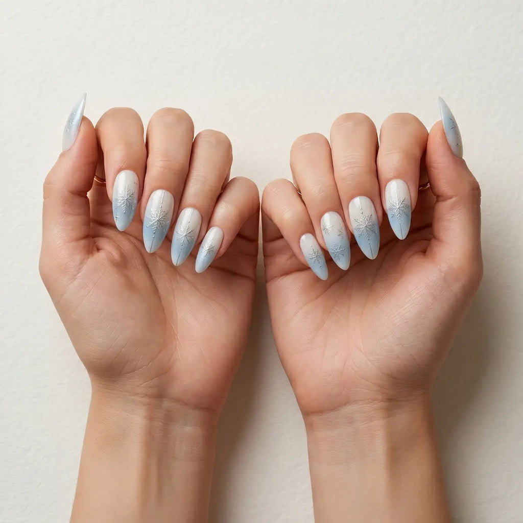 blue white ombre almond press on nails silver snowflake mockup 05