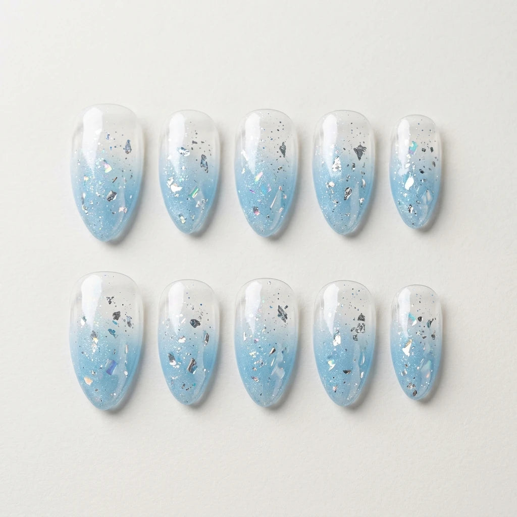 blue white ombre almond press on nails star sparkle glitter flat lay 01