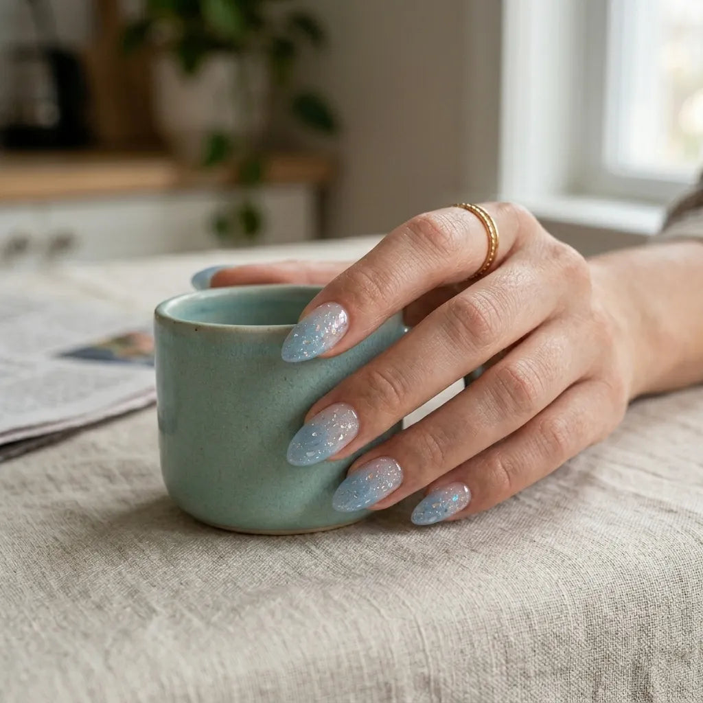 blue white ombre almond press on nails star sparkle glitter lifestyle 02