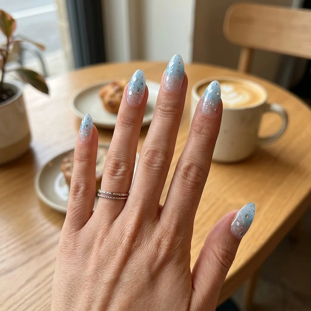 blue white ombre almond press on nails star sparkle glitter lifestyle 03