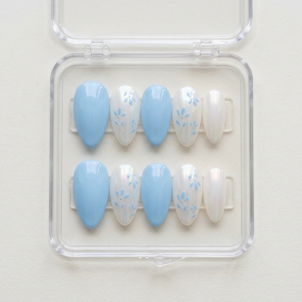 blue white pearl almond press on nails floral detail 01