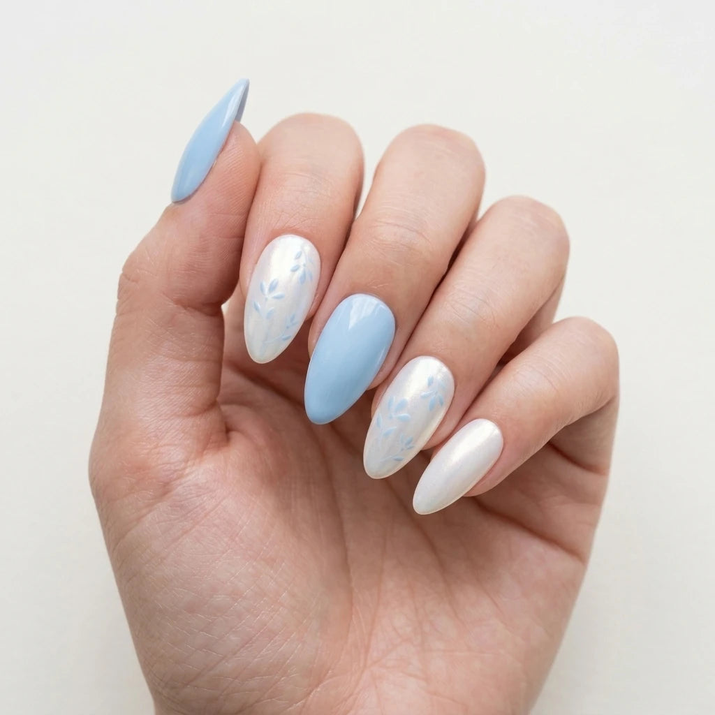 blue white pearl almond press on nails floral mockup 01
