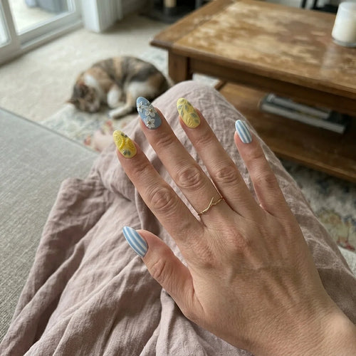 blue yellow 3d almond medium press on nails striped lemon flat lay 01