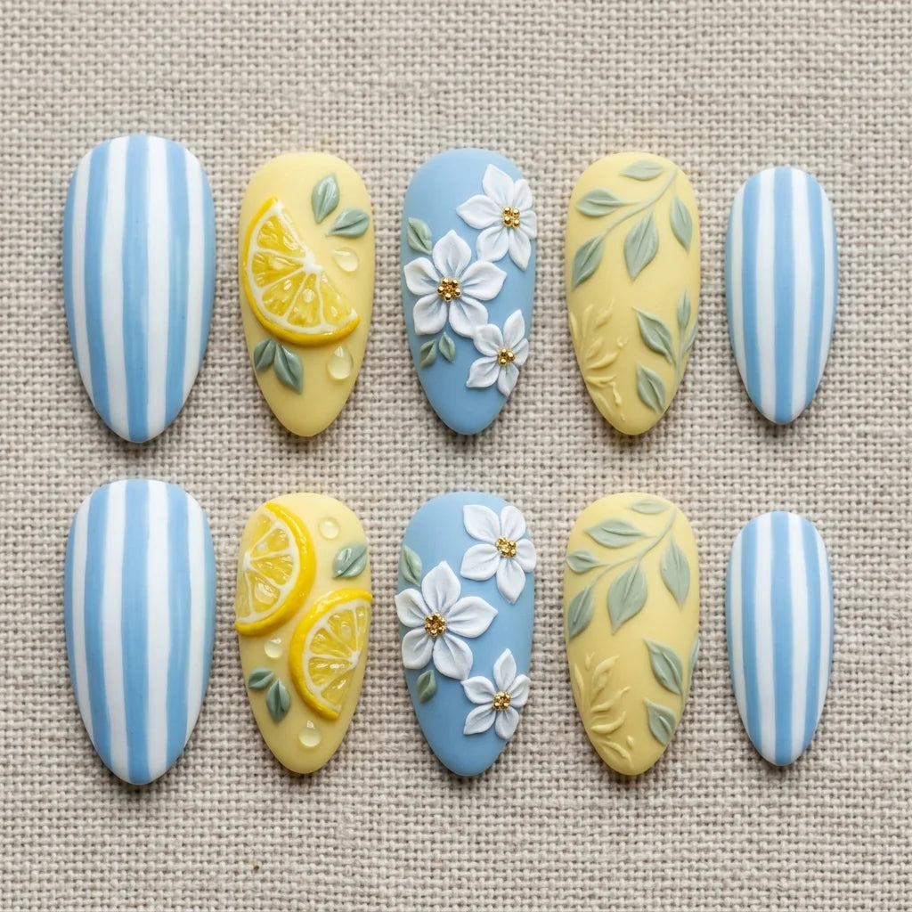 blue yellow 3d almond medium press on nails striped lemon mockup 01