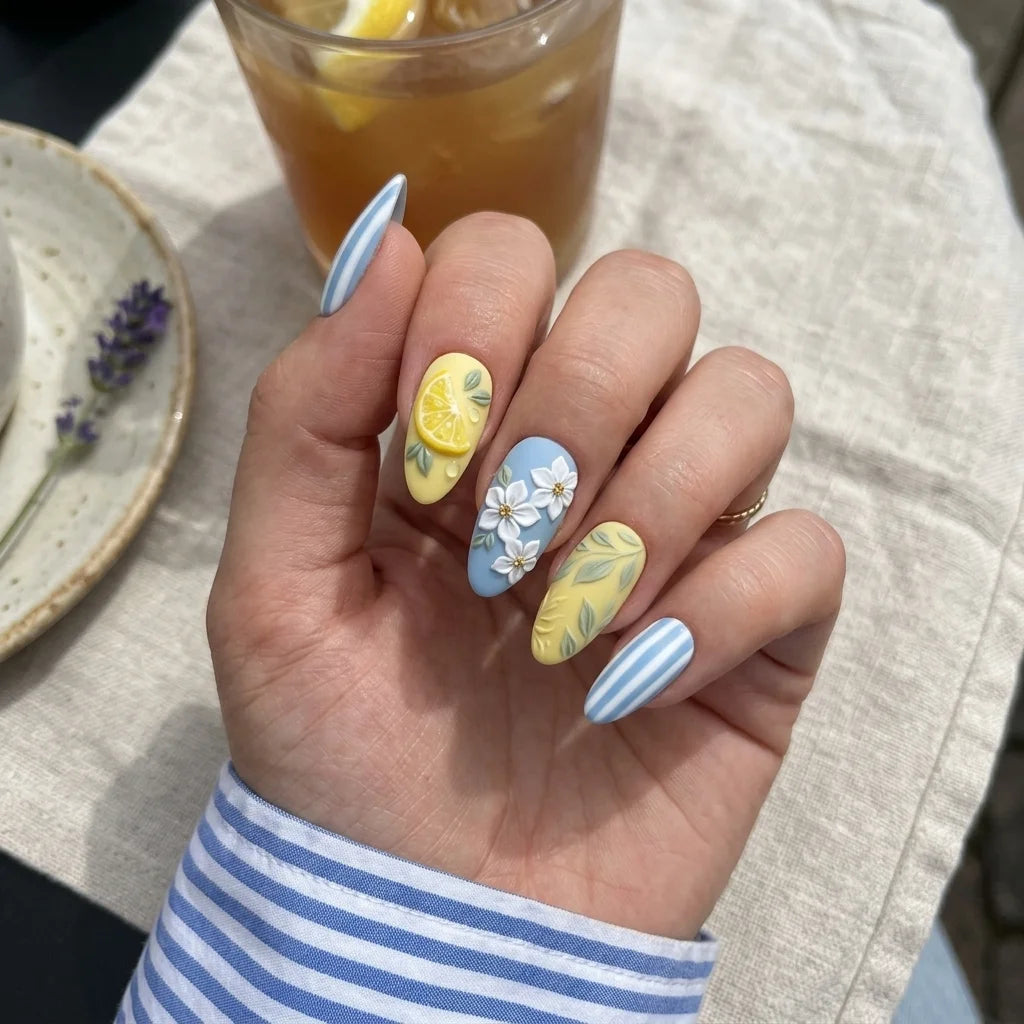 blue yellow 3d almond medium press on nails striped lemon mockup 02