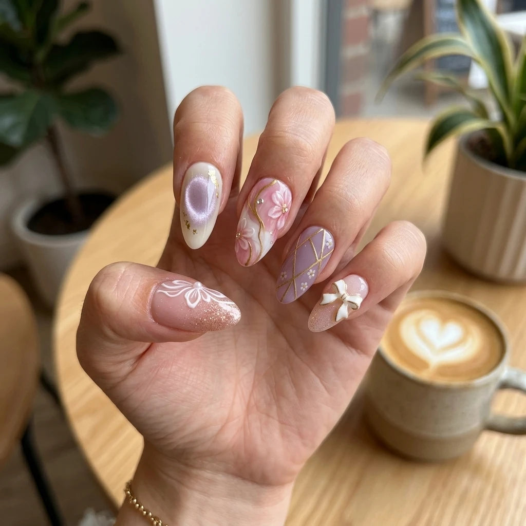 blush lilac white 3d cat eye almond press on nails rose floral ribbon bow lifestyle 01