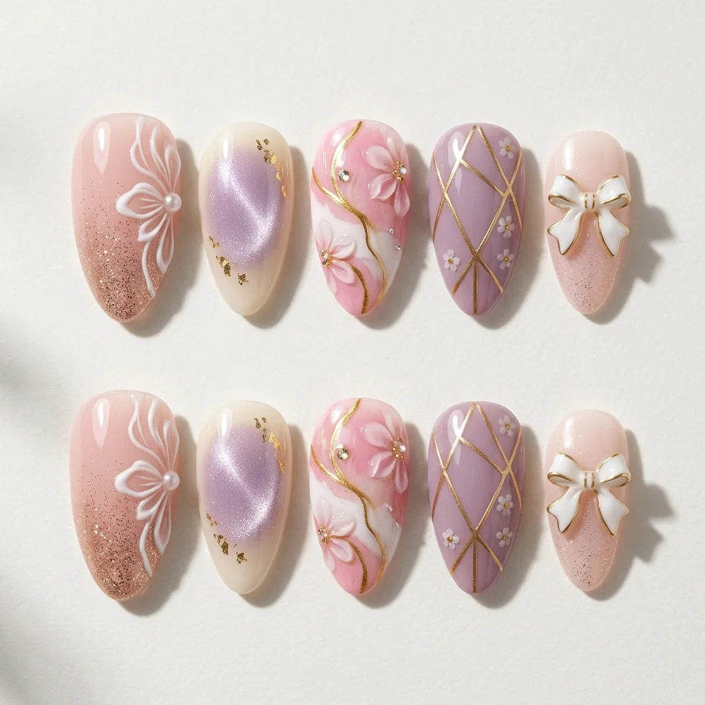 blush lilac white 3d cat eye almond press on nails rose floral ribbon bow mockup 01
