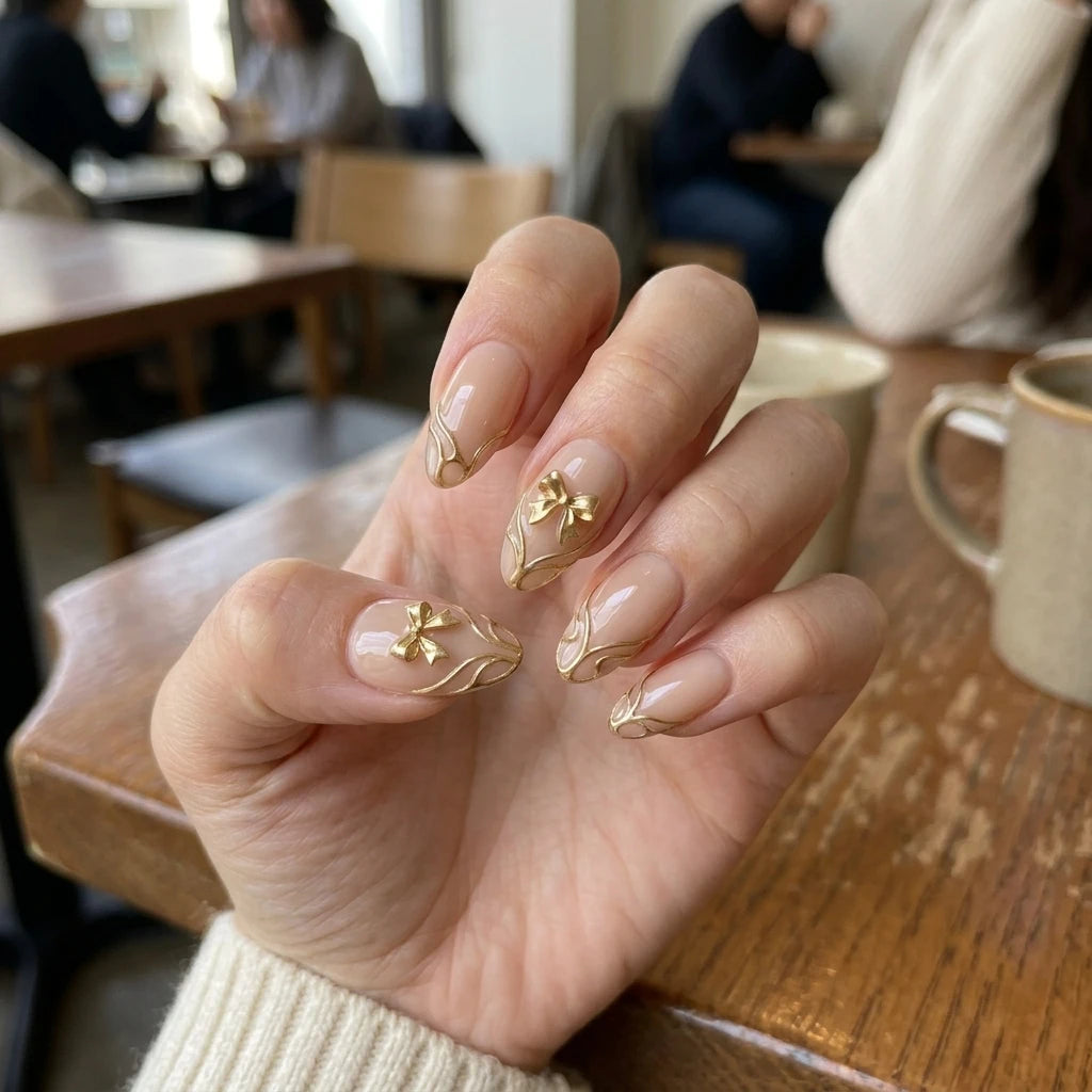 blush nude 3d chrome almond press on nails gold ribbon bow scroll detail 03