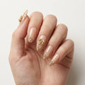 blush nude 3d chrome almond press on nails gold ribbon bow scroll lifestyle 02