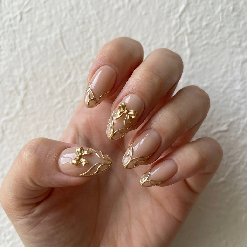 blush nude 3d chrome almond press on nails gold ribbon bow scroll mockup 01