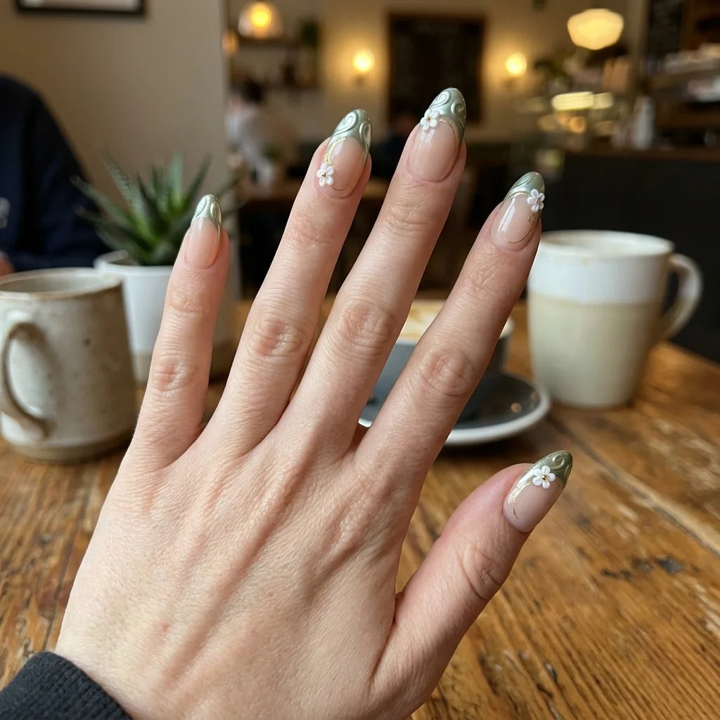 blush nude 3d french tip almond press on nails sage green tips flower detail 03