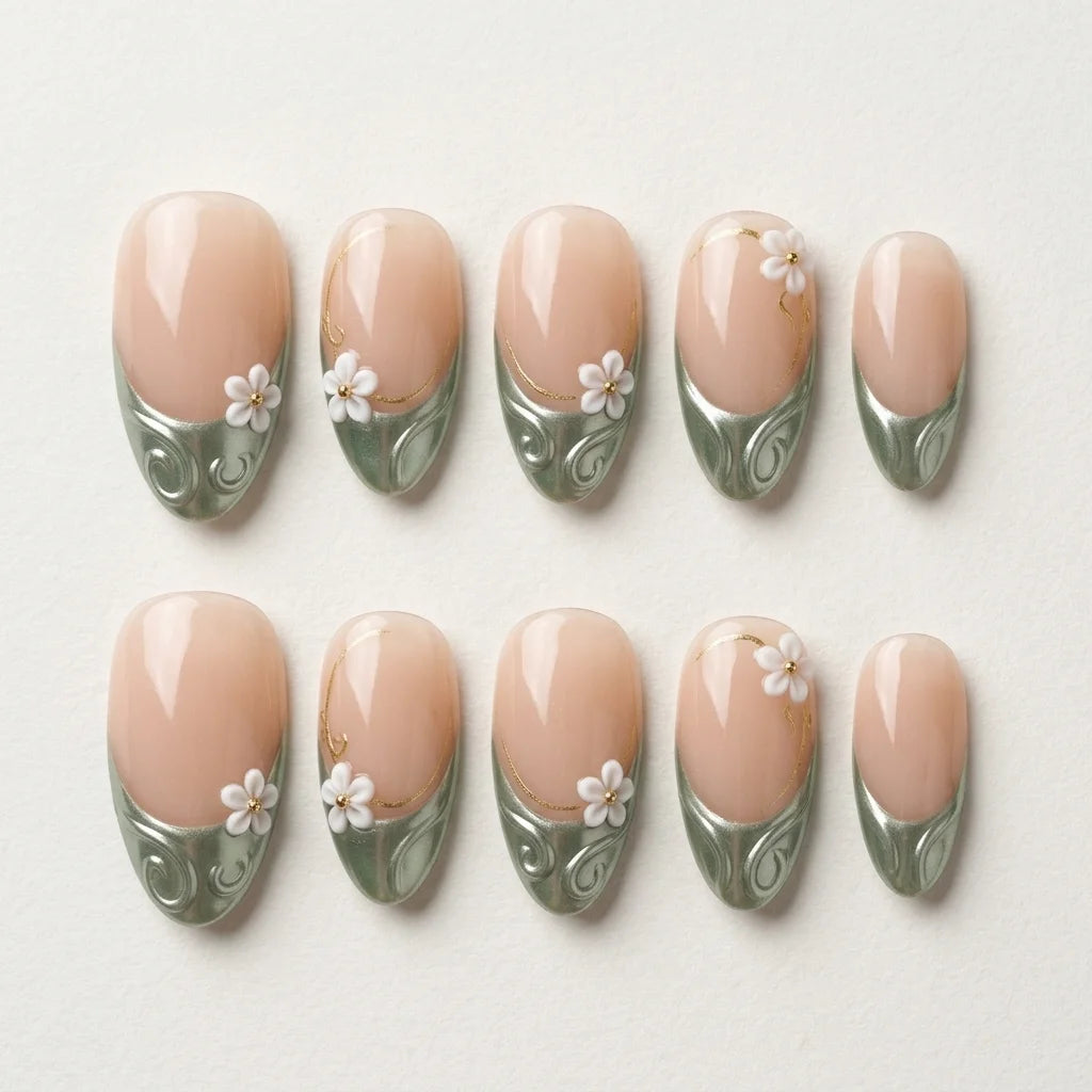 blush nude 3d french tip almond press on nails sage green tips flower flat lay 04