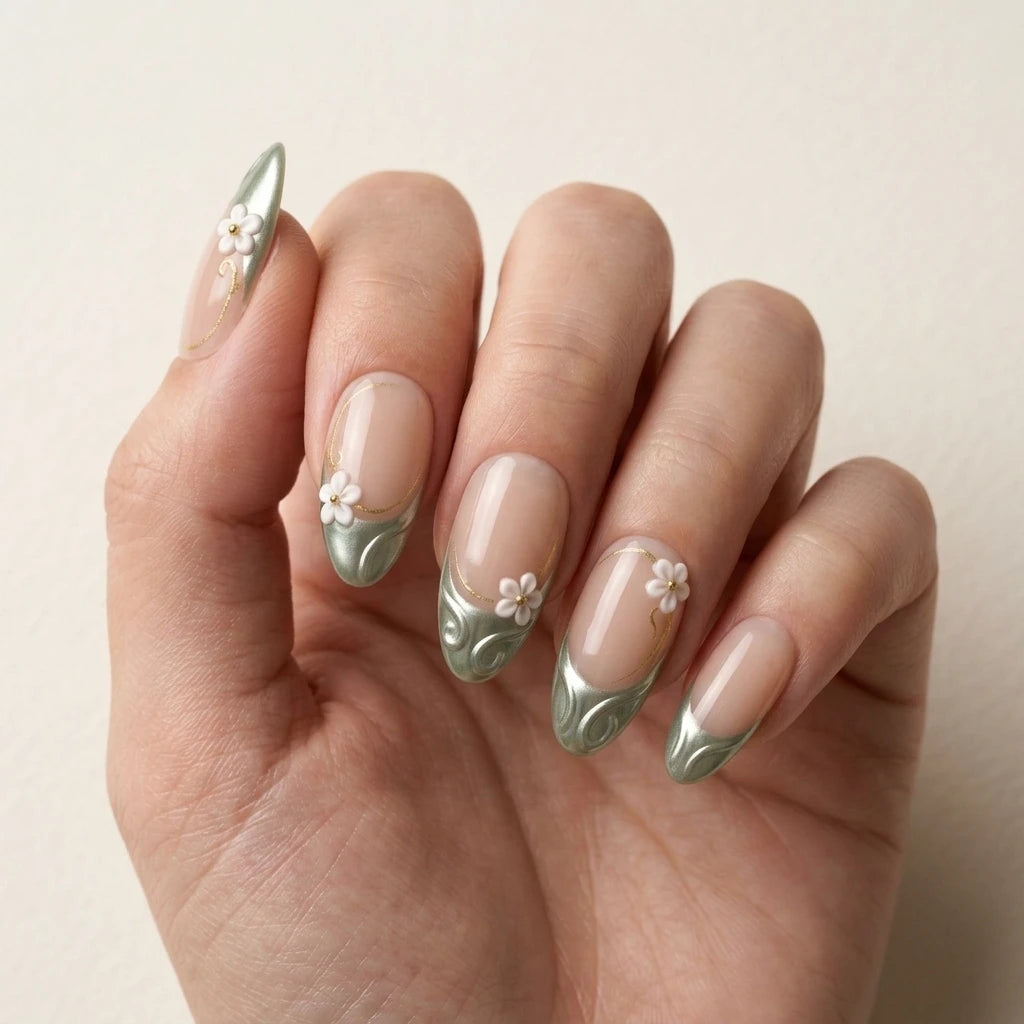 blush nude 3d french tip almond press on nails sage green tips flower lifestyle 02