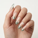 blush nude 3d french tip almond press on nails sage green tips flower mockup 01