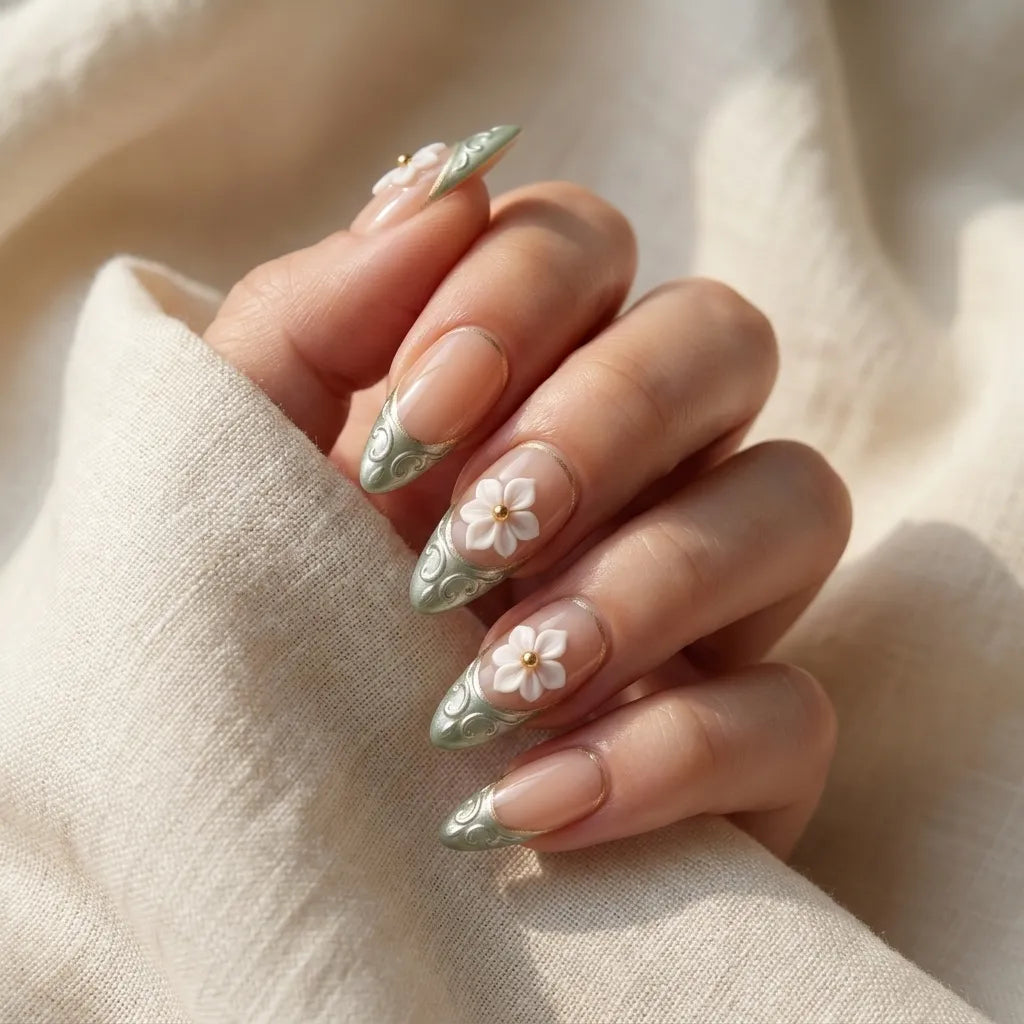 blush nude 3d french tip almond press on nails sage green tips gold line flower detail 03