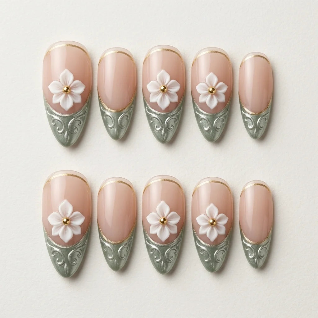 blush nude 3d french tip almond press on nails sage green tips gold line flower flat lay 04