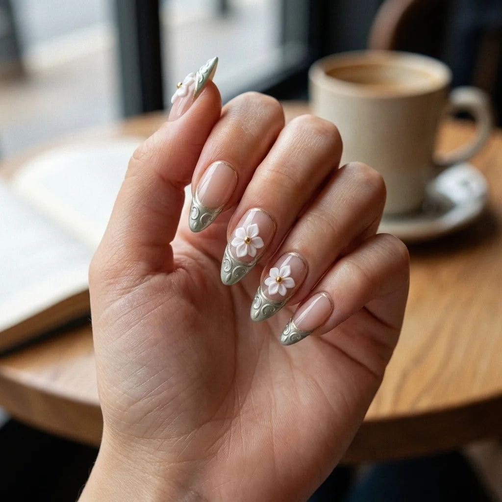 blush nude 3d french tip almond press on nails sage green tips gold line flower lifestyle 02
