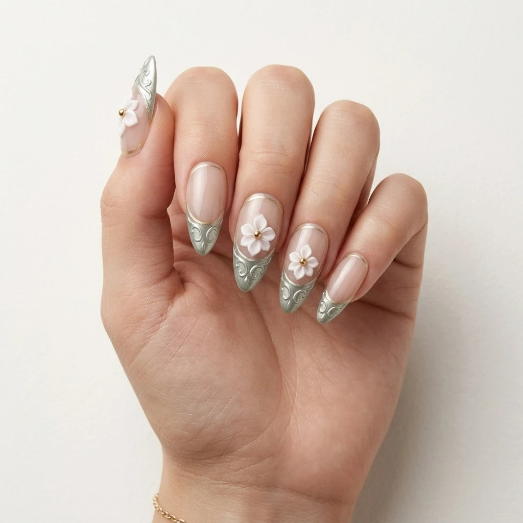 blush nude 3d french tip almond press on nails sage green tips gold line flower mockup 01