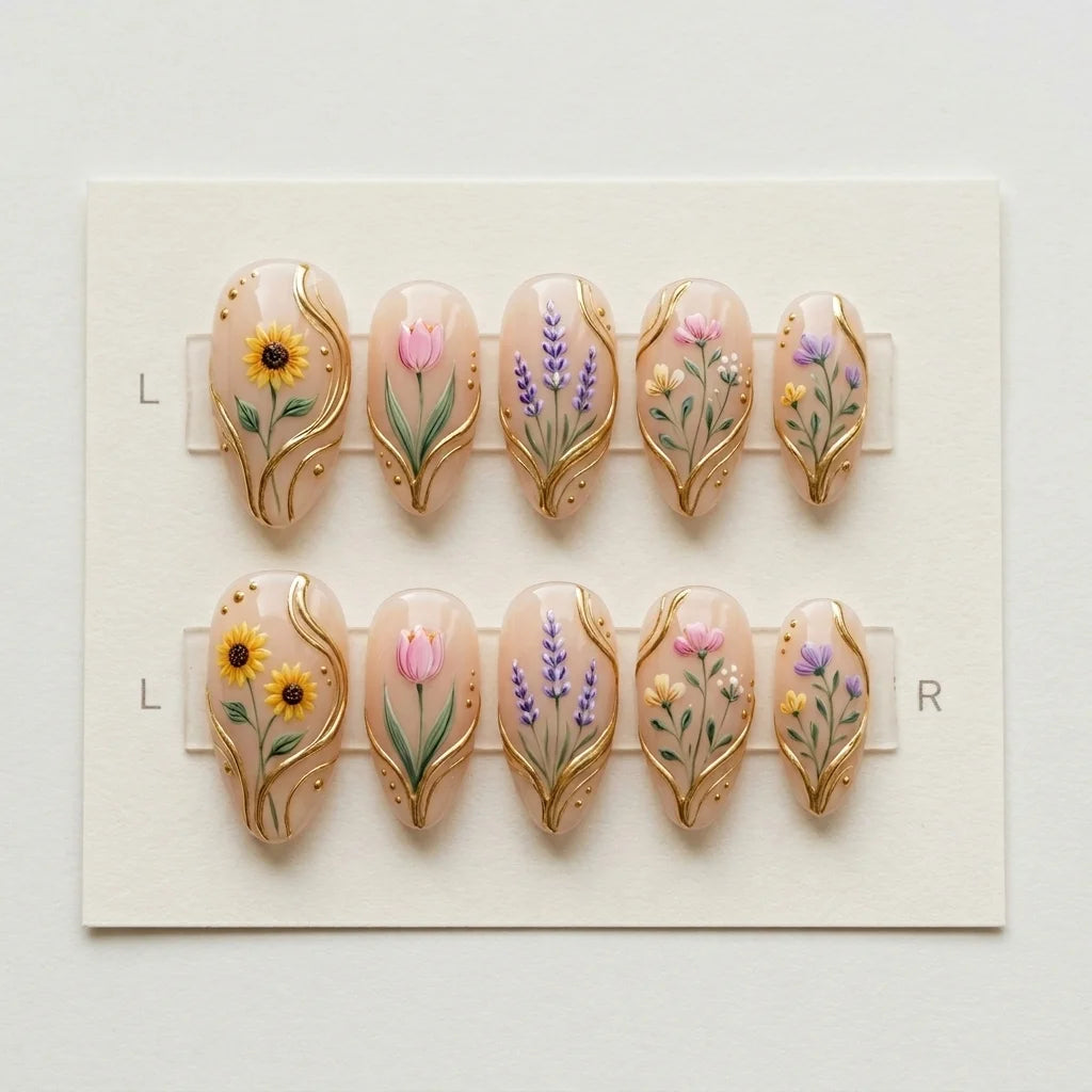 blush nude 3d hand painted almond press on nails lavender tulip sunflower detail 03