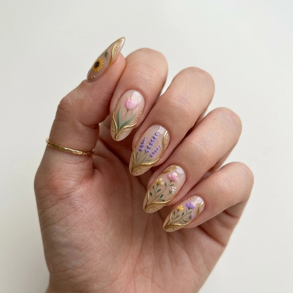 blush nude 3d hand painted almond press on nails lavender tulip sunflower flat lay 04