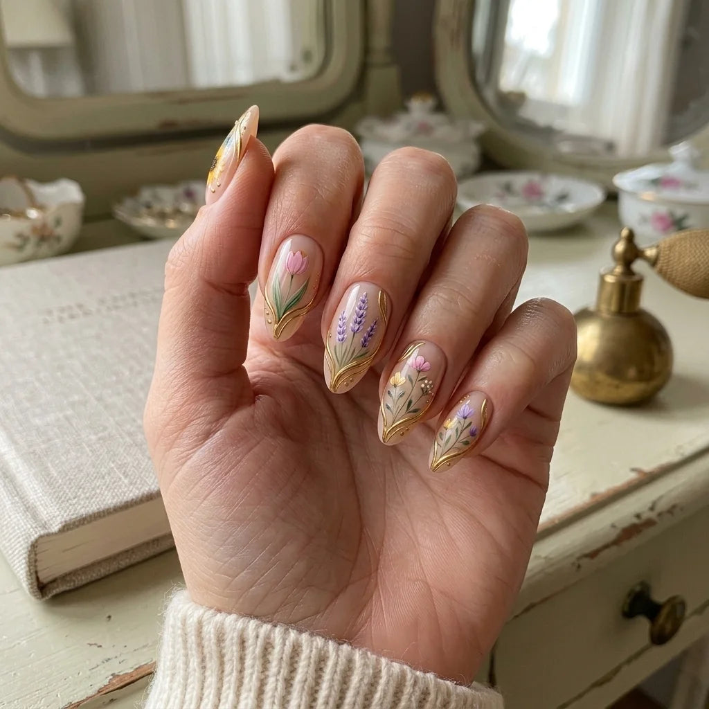 blush nude 3d hand painted almond press on nails lavender tulip sunflower lifestyle 02