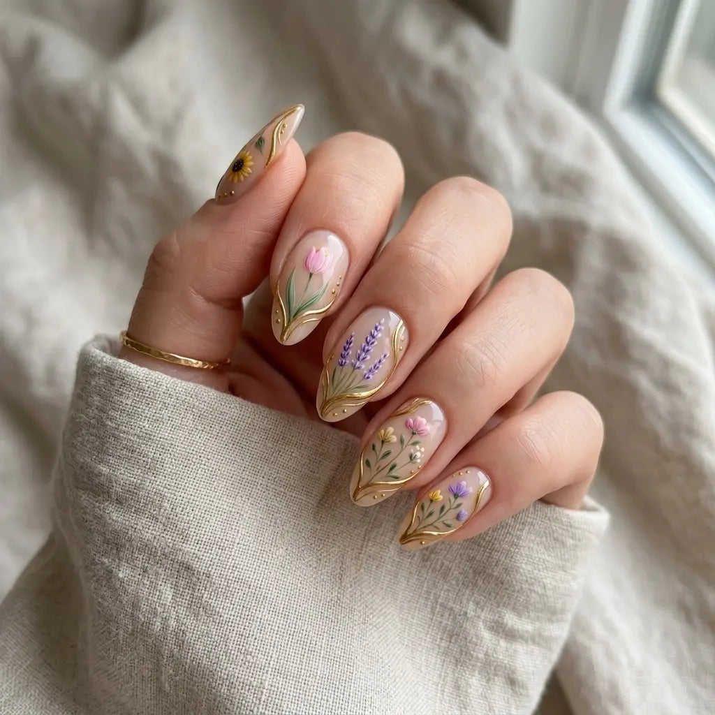blush nude 3d hand painted almond press on nails lavender tulip sunflower mockup 01