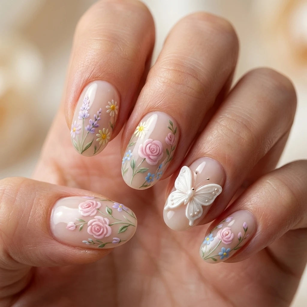 blush nude 3d hand painted oval press on nails rose lavender flower butterfly detail 03