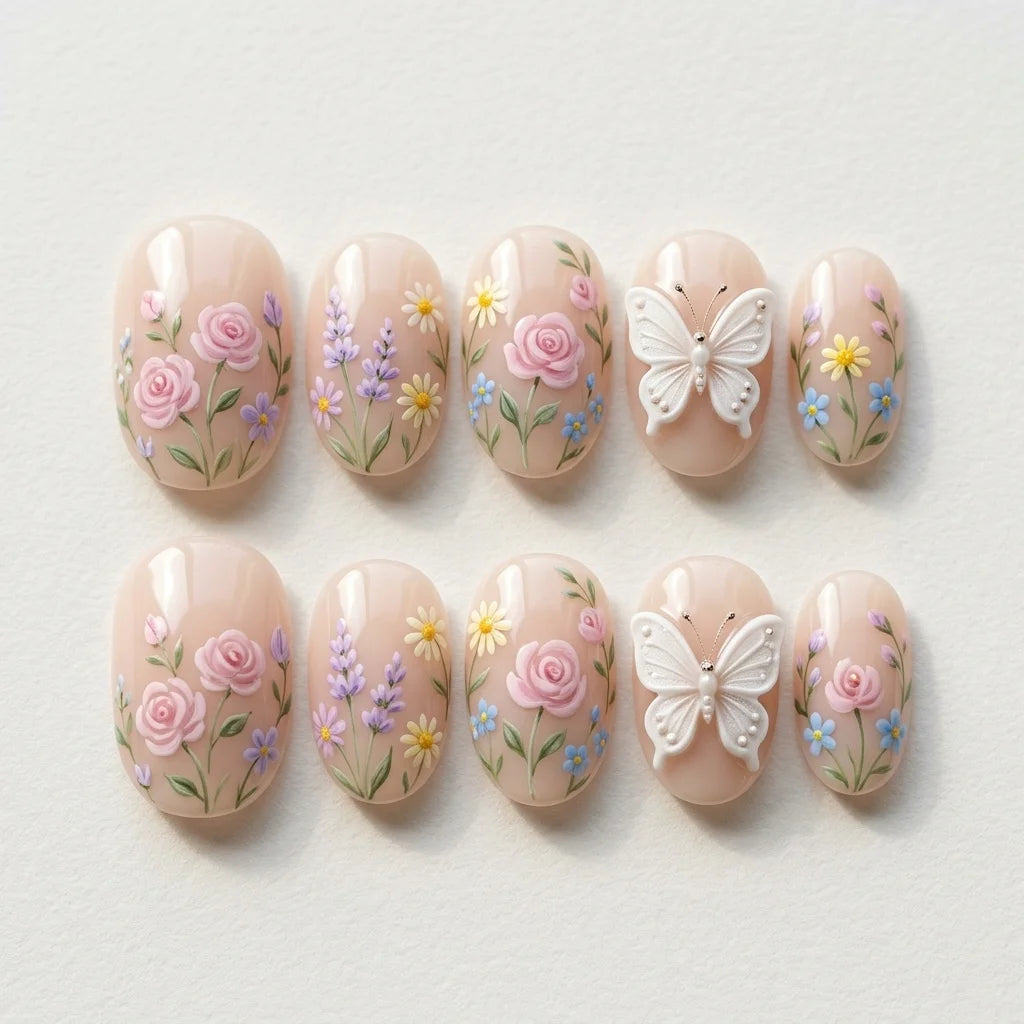 blush nude 3d hand painted oval press on nails rose lavender flower butterfly flat lay 04