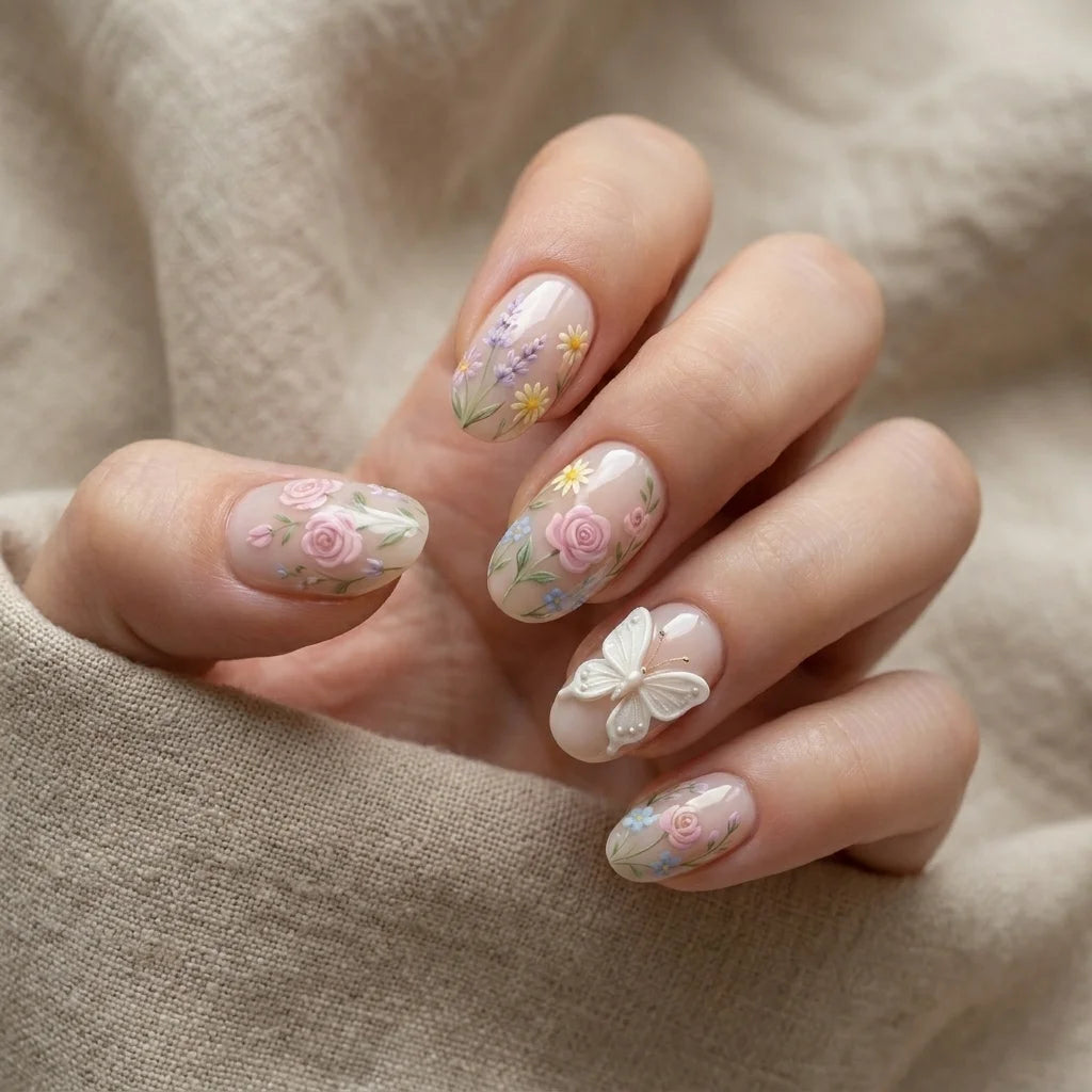 blush nude 3d hand painted oval press on nails rose lavender flower butterfly lifestyle 02