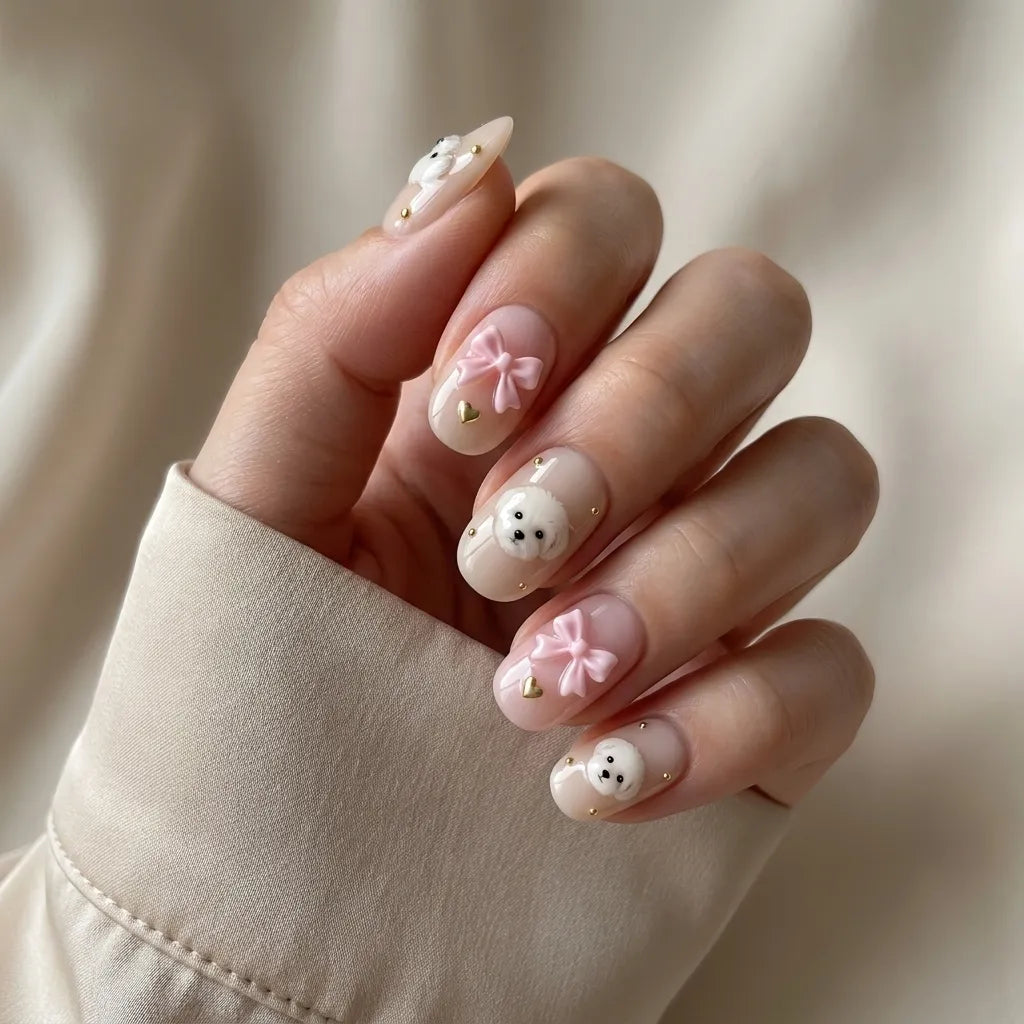 blush nude blush pink 3d oval press on nails maltese dog ribbon bow gold heart stud detail 03