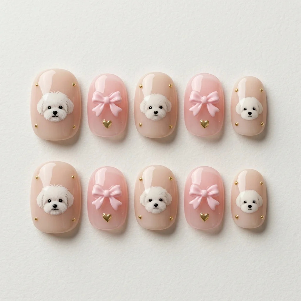 blush nude blush pink 3d oval press on nails maltese dog ribbon bow gold heart stud flat lay 04