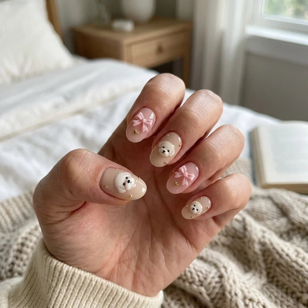 blush nude blush pink 3d oval press on nails maltese dog ribbon bow gold heart stud lifestyle 02