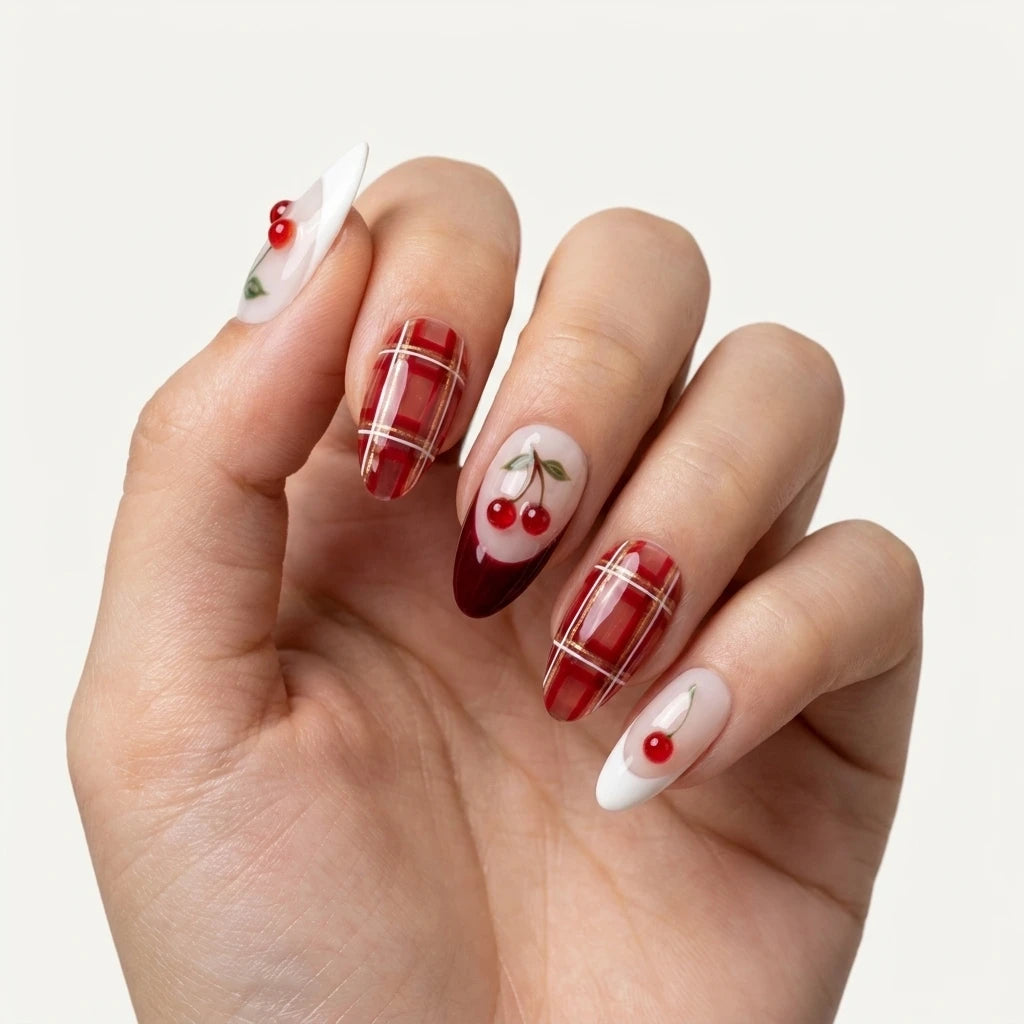 blush nude cherry red 3d french almond press on nails cherry gold plaid detail 03